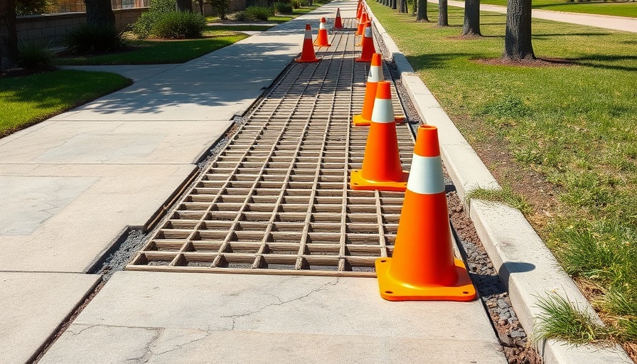 Bamboo grid for sidewalk repair in Museum District with traffic cones.