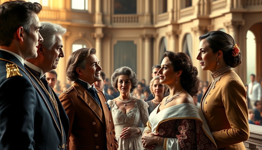 Elegant royal gathering, celebrating event on a grand balcony.