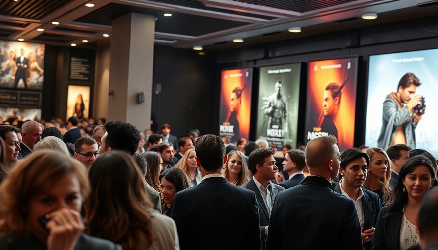 Lively movie premiere scene with attendees in semi-formal attire.