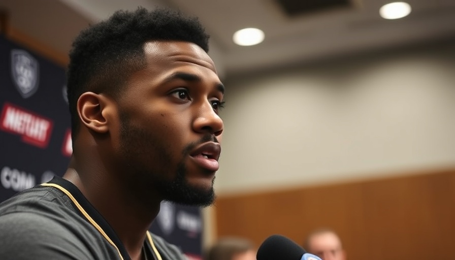 A professional athlete speaks at a press conference with a team's branded background.