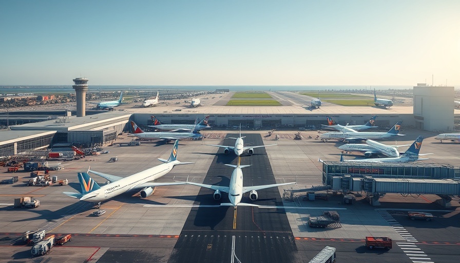 Aerial view of Dallas International Airport with airplanes on tarmac.