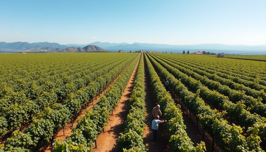 Aerial view of vineyard with workers, highlighting harvest.