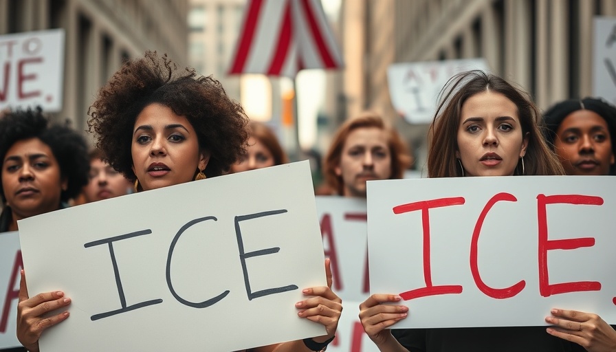 Protesters with anti-ICE signs, close-up of older male figure, tense atmosphere.