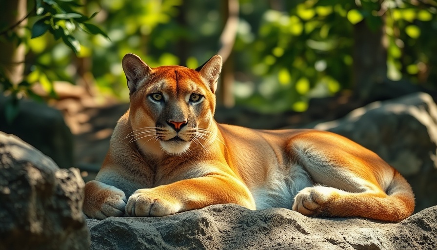 Mountain lion resting alertly in sunlit forest with rocks and shadows.