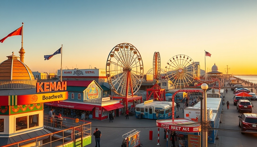 Amusement rides at Kemah Boardwalk during golden hour.