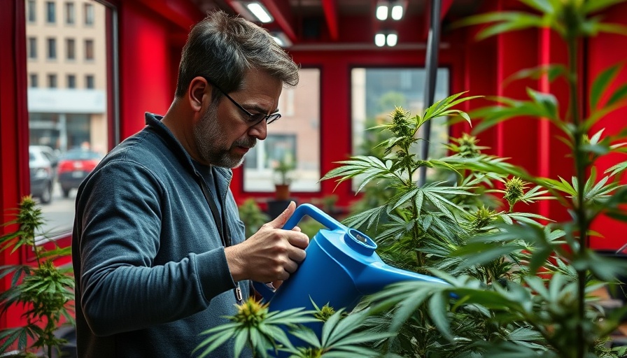Man watering cannabis plants indoors, related to Texas THC regulations.