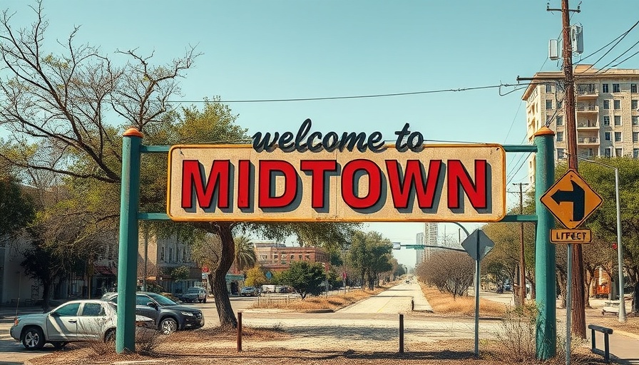 Midtown Houston welcome sign showing urban environment and decline.