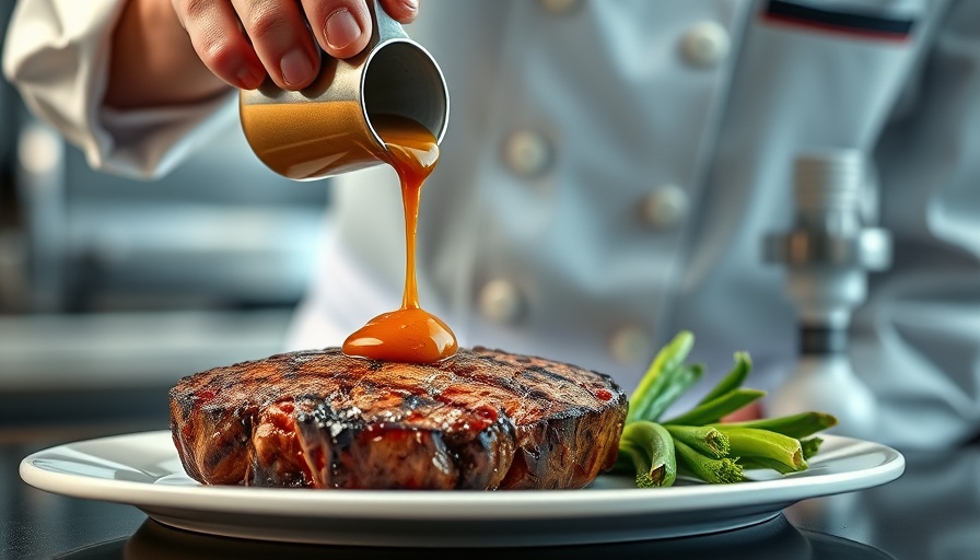 Chef adds sauce to steak in San Antonio dining setting.