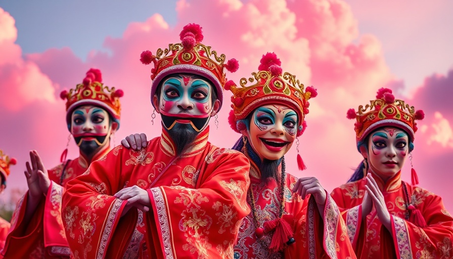 Colorful Peking Opera performers in traditional costumes with a pink cloud backdrop in Austin.