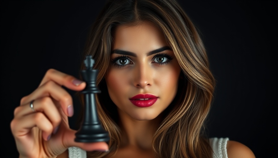 Confident woman using mental health techniques with a chess piece.