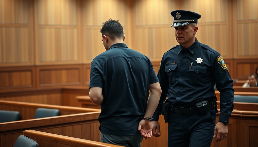Handcuffed individual escorted in courtroom, San Antonio local news.