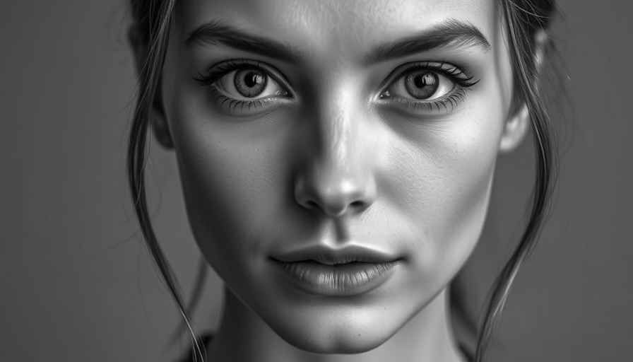 Close-up monochrome portrait of a woman with a neutral expression