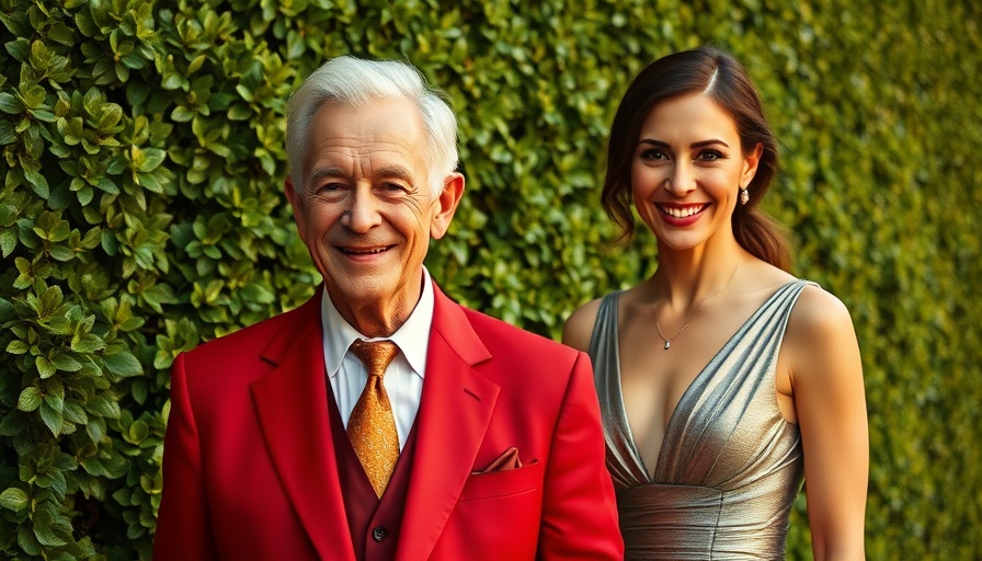 Elegant couple smiling against green hedge backdrop, high-fashion style.