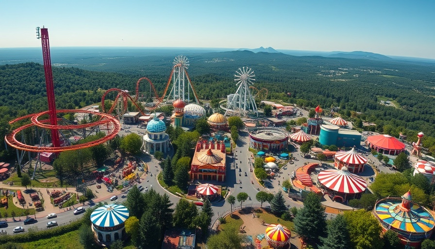 Aerial view of a vibrant Six Flags amusement park under a bright sky.