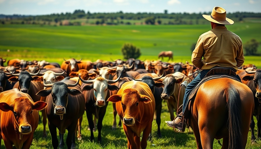 Rancher on horseback overseeing cattle herd, battle against New World screwworm.