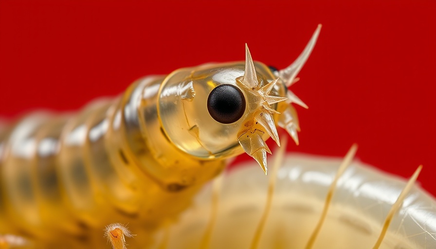 USDA insect warfare larva close-up on red background.