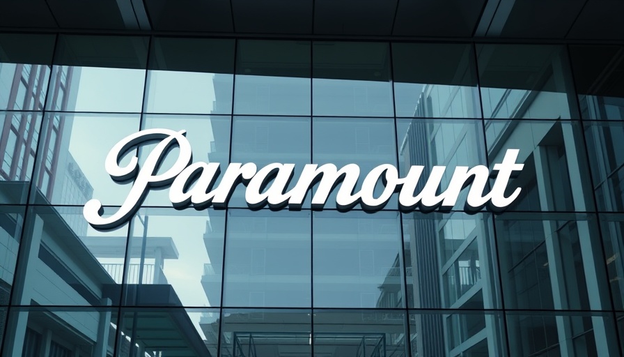 Paramount building facade with large logo for Paramount Skydance merger.