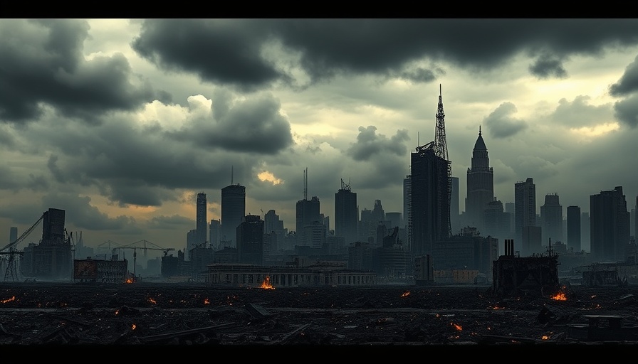 Apocalyptic city ruins under a dark sky, global food collapse nuclear winter.