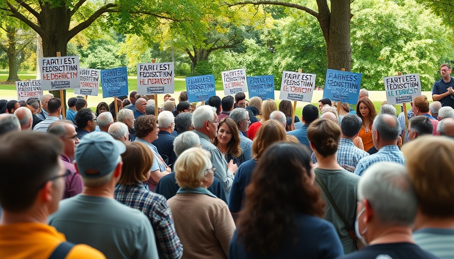 Diverse crowd at Texas redistricting hearing outdoors.