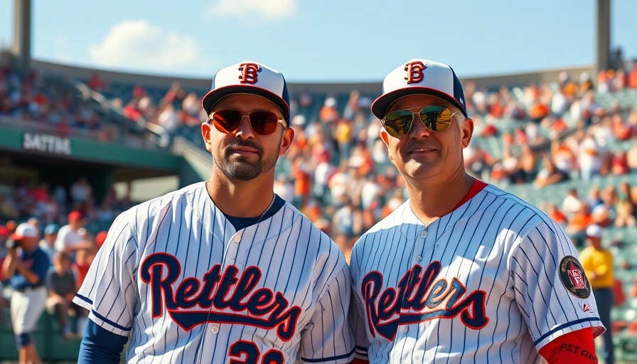 Athletes in baseball uniforms posing in a stadium, vibrant scene.