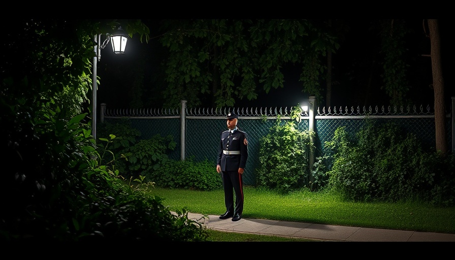 Mysterious night scene with guard by a fence at Zohran Mamdani event.