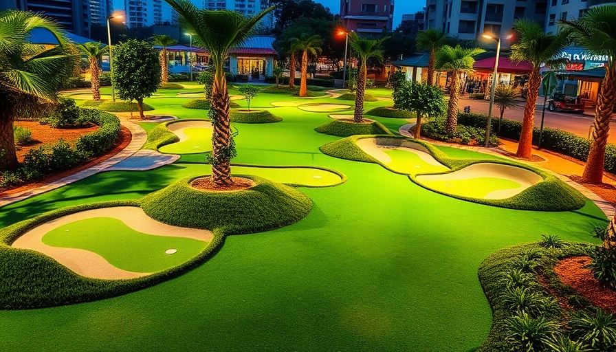Tiger Woods PopStroke mini-golf course in Austin at dusk