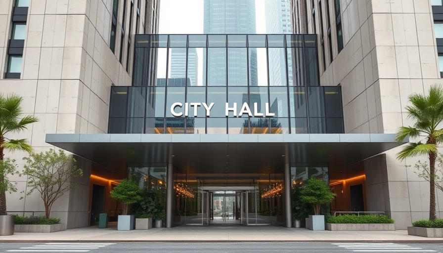 Modern Austin city hall entrance with urban greenery.