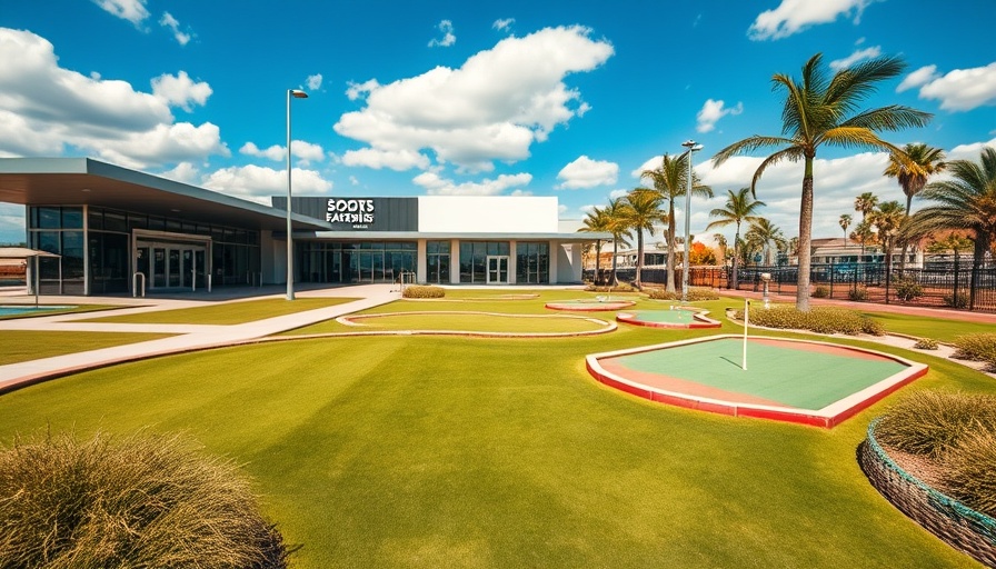 Modern sports facility showcasing golf greens and clubhouse under blue sky.
