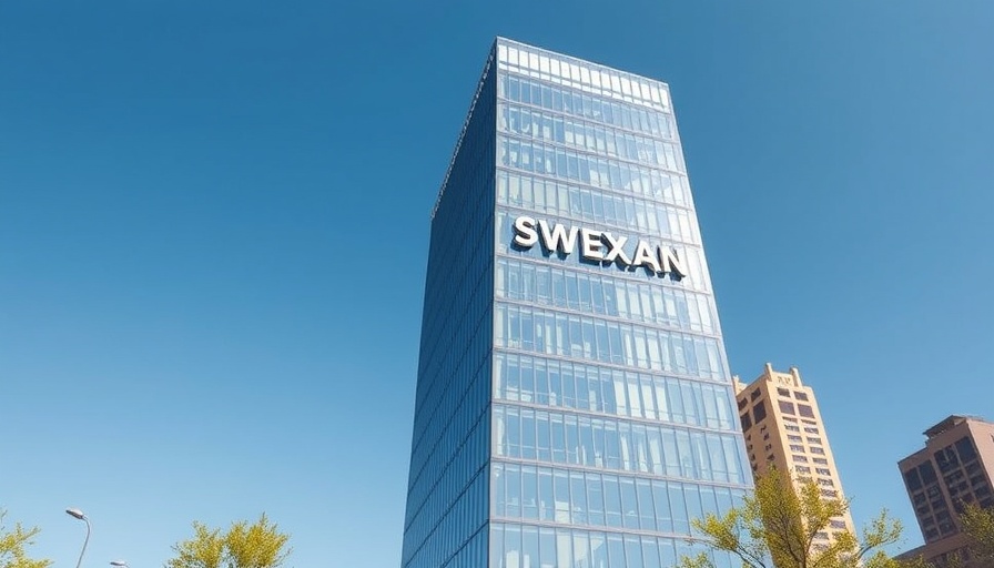 Modern North Texas hotel with 'SWEXAN' sign, blue sky backdrop.