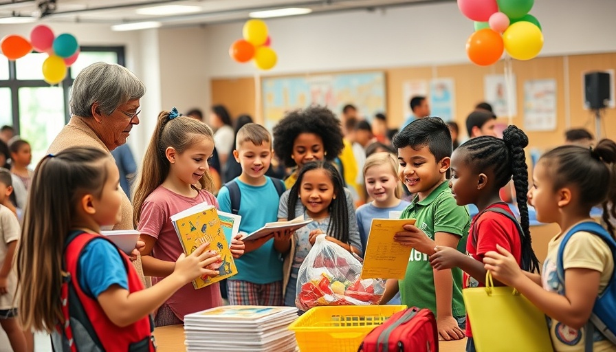 Children collecting school supplies at a community event in San Antonio.