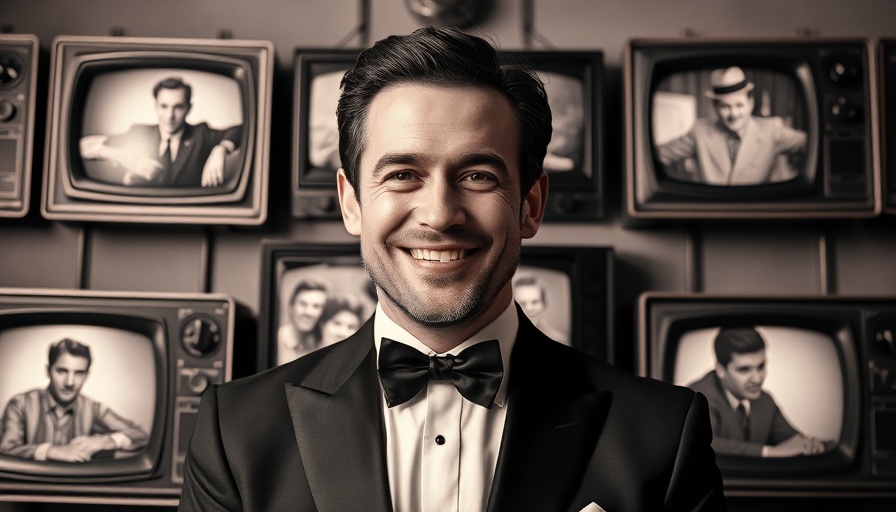 Man in tuxedo with wall of vintage TV portraits, embodying hidden side of Johnny Carson.