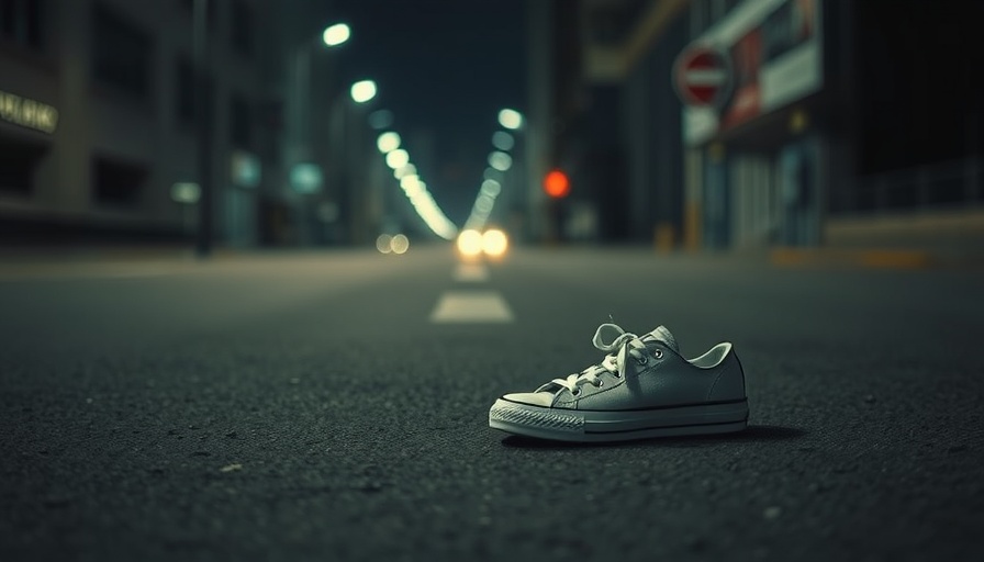 Unattended sneaker at night suggesting hit-and-run incident on Highway 6.