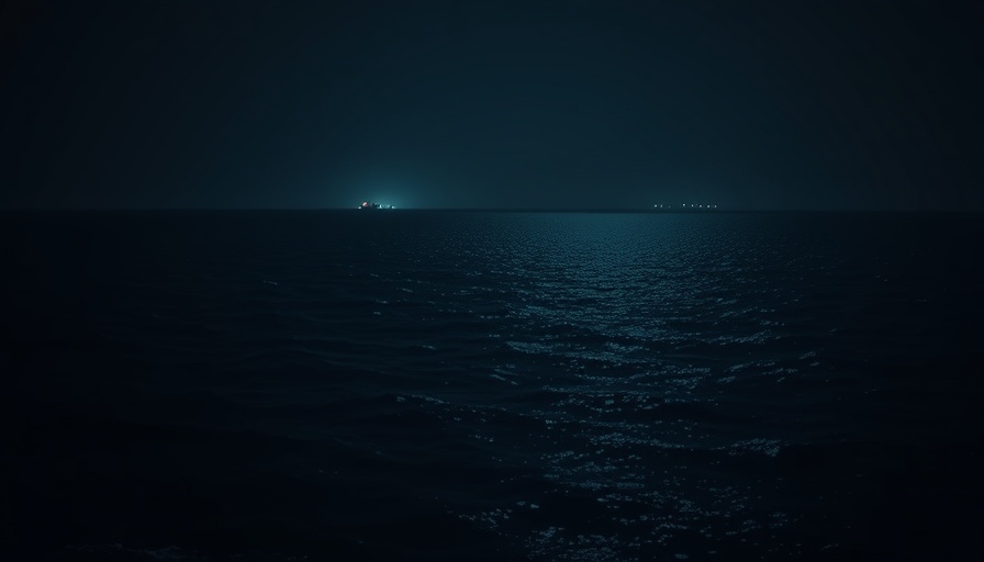 Dark ocean scene at night with distant lights and calm waters.