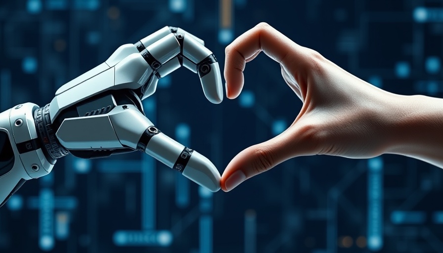 Futuristic robotic and human hands forming heart, symbolizing AI connection.