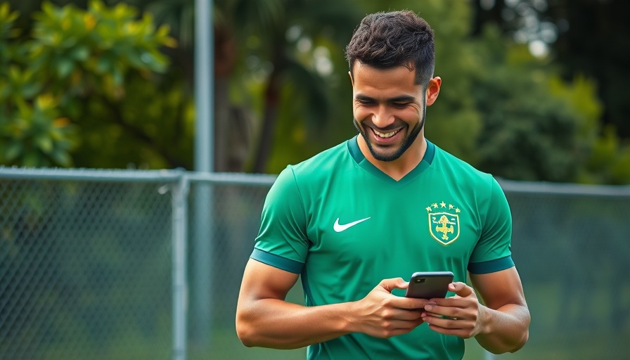 Athlete smiling at phone in sunny sports field, NFL news.