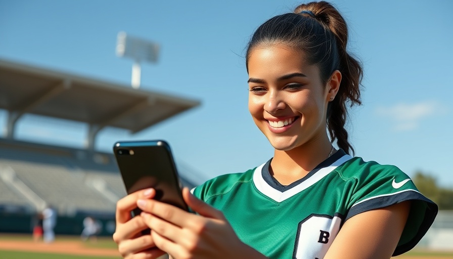 Female athlete reads phone on baseball field under sunny sky.