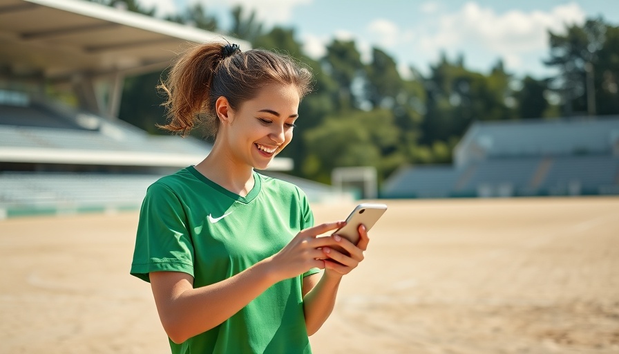 Young female athlete checks phone on sports field, sunny day.