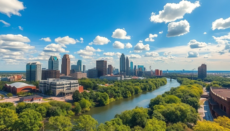 Sunny day Austin skyline with lush greenery along the river.