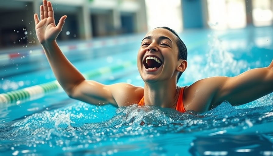 Joyful swimmer celebrating victory in the pool with vibrant background.