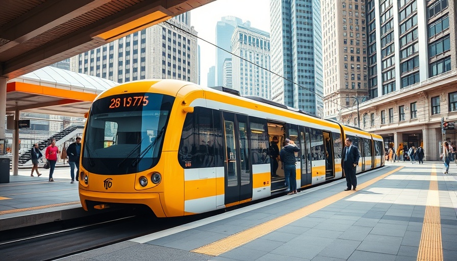Dallas economic development scene with a modern metro train at an urban station.