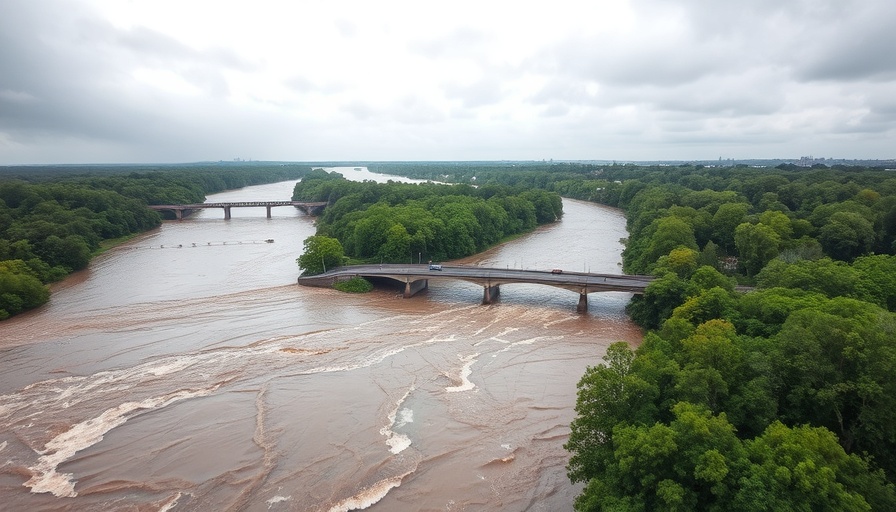 Aerial view of flood in Kerr County with swollen river and bridge.