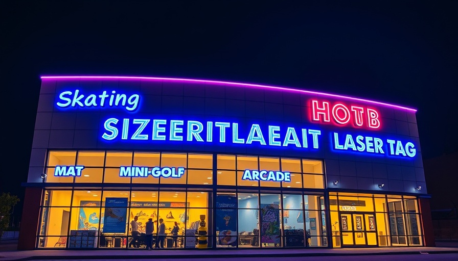 Vibrant facade of AR’s Entertainment Hub at night in Spring, TX.