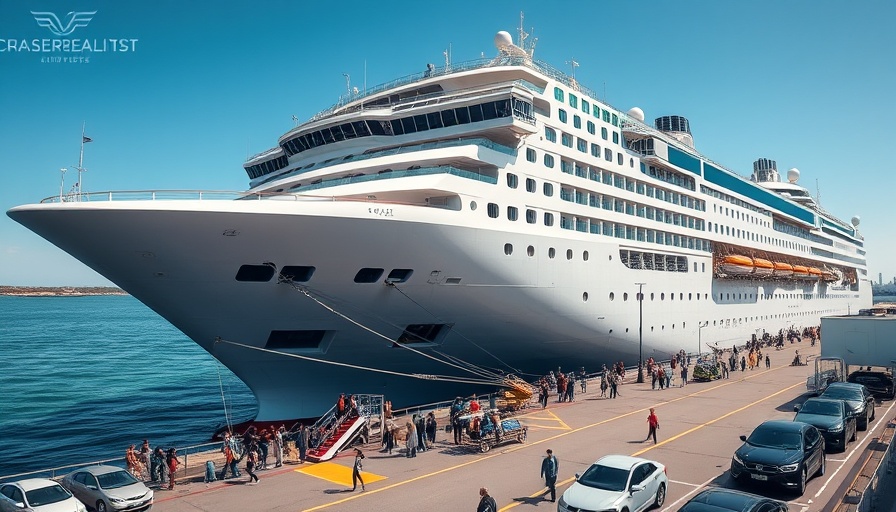 Docked cruise ship at port with cars and passengers.