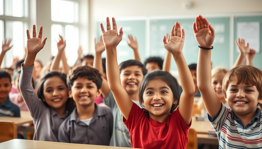 Diverse students raising hands in a classroom