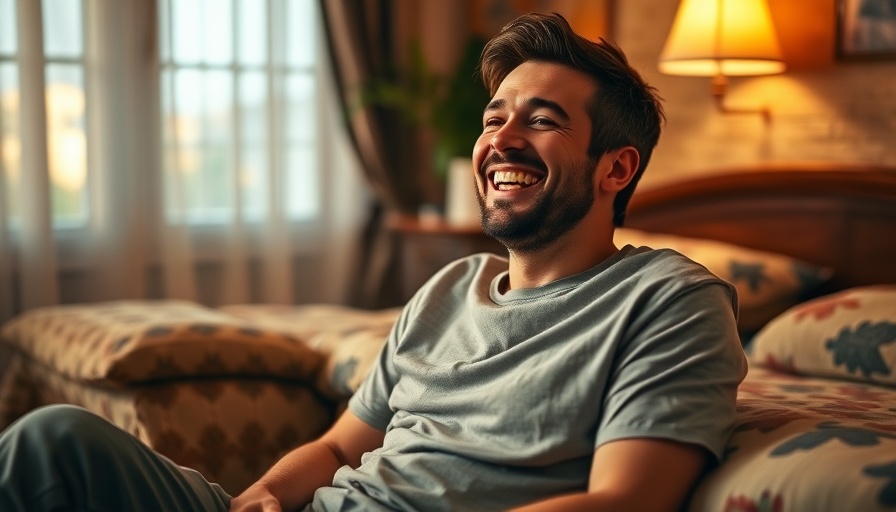 Joyful man laughing indoors in a warm setting.