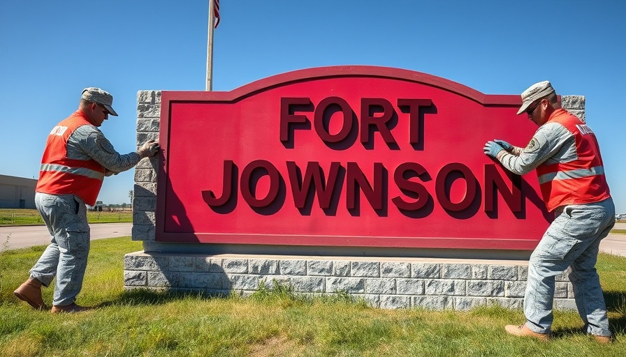 Workers updating Fort Johnson sign, reflecting base renaming from Confederate ties.