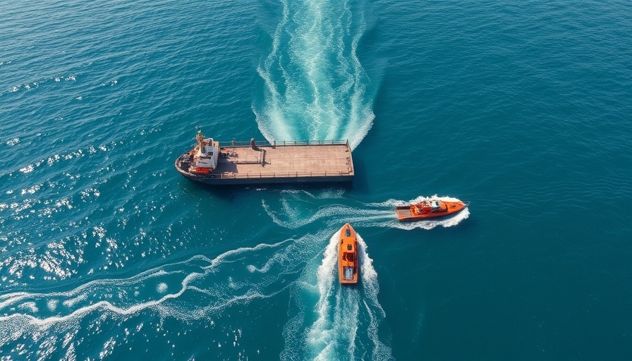 Aerial view of emergency boats assisting near a barge.