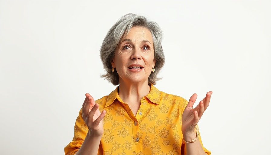 Middle-aged woman discussing mental health tips in a yellow shirt.