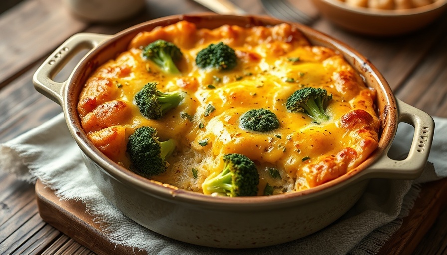 Longevity breakfast bake with broccoli and cheese in ceramic dish