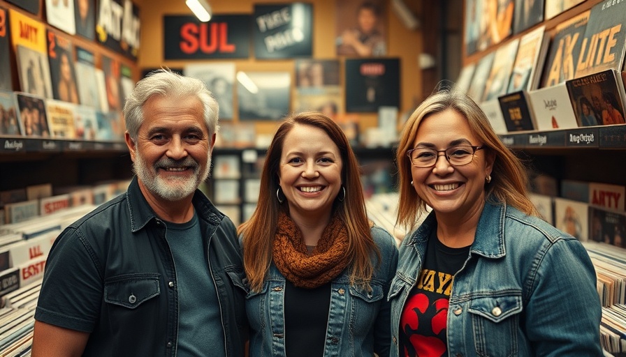Friendly staff at a local Austin music store, surrounded by vinyl records